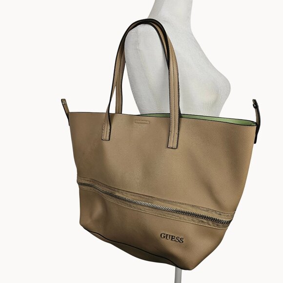 GUESS Beige Brown Green Lined Handbag Hobo Tote Bag Faux Leather Purse XL - Picture 4 of 16
